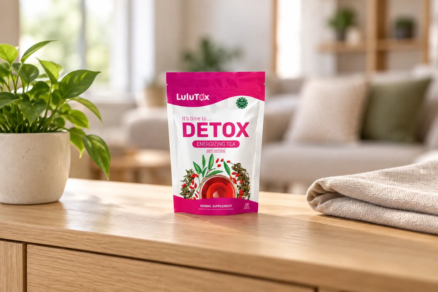 Lulutox Detox Tea — the package in everyday use